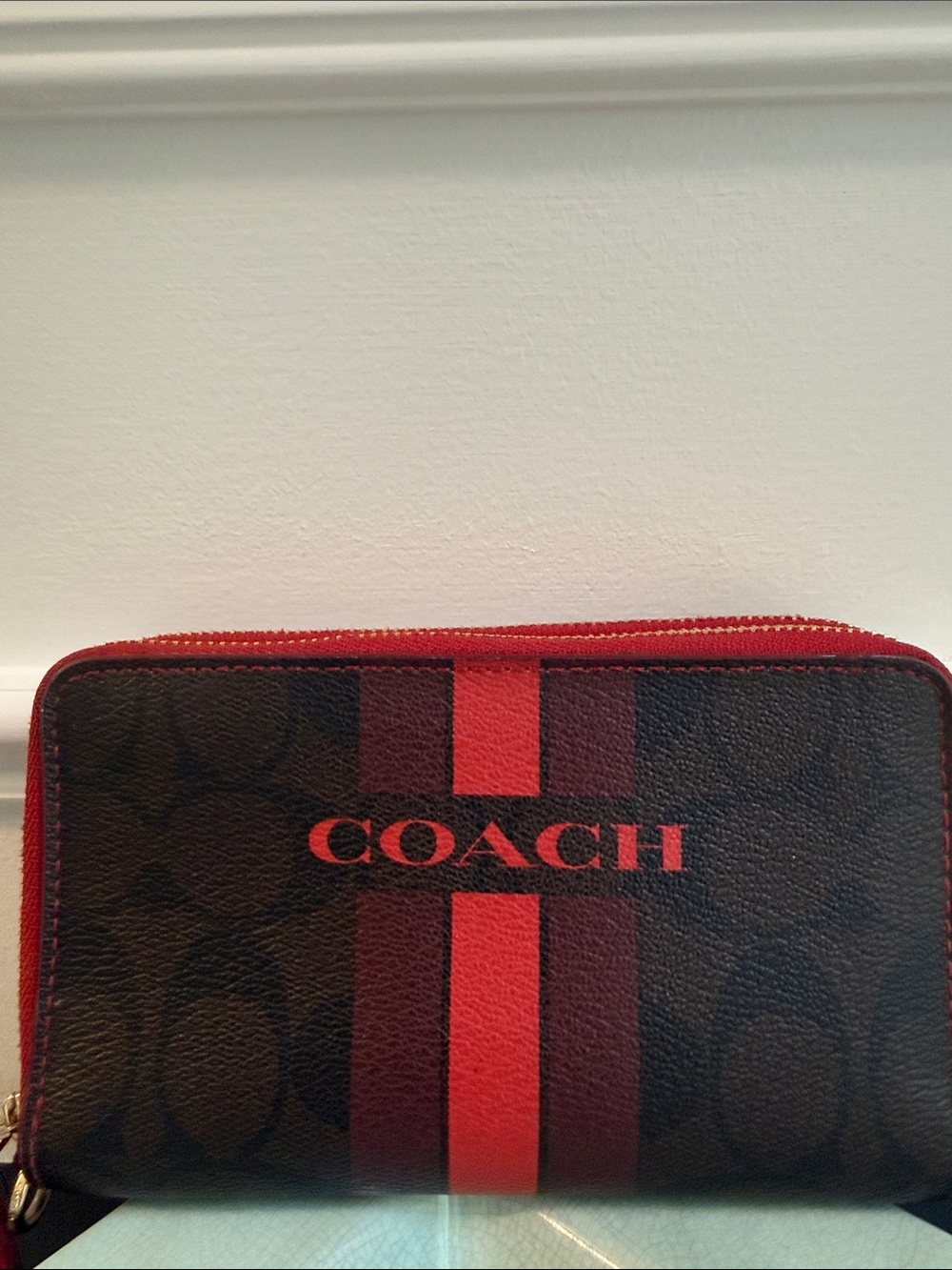 Coach Brown Signature Zip Wallet with varsity Red Stripe